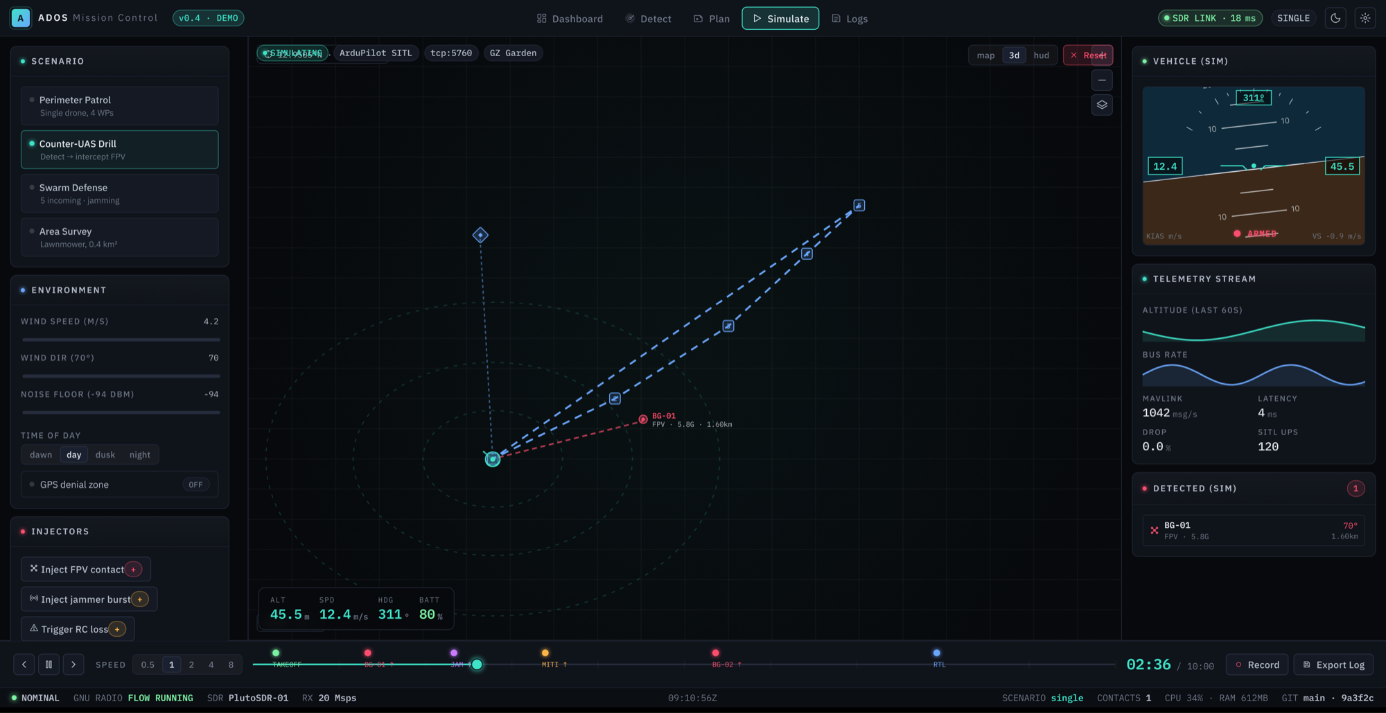 Simulate — counter-UAS drill with SITL