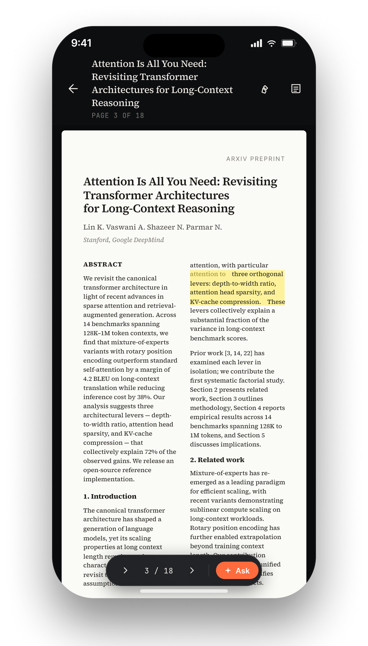 Reader — in-app PDF with highlights & ask